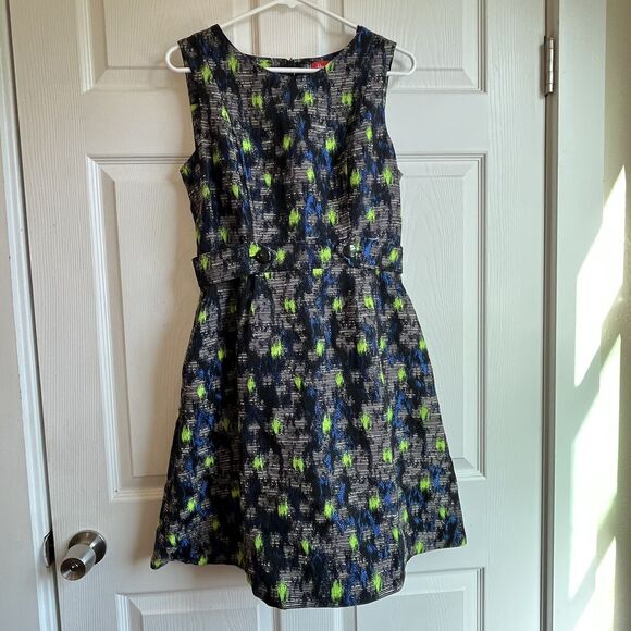 Heroines London Size 12 Dress Abstract Paint Pattern Lime Green Black NWOT $328 - Picture 2 of 9
